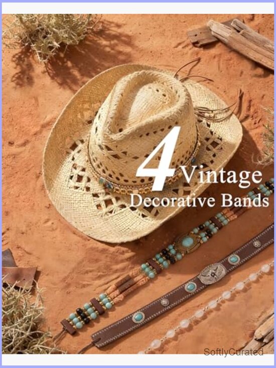 Straw Cowboy Hat with Interchangeable Bands, Wide Brim, Adjustable